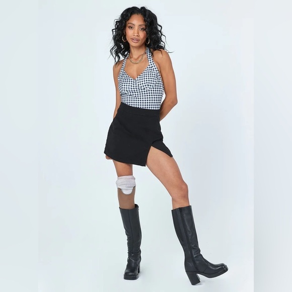 Princess Polly June Gingham Bodysuit Halter Tie Black White Check - Picture 11 of 14